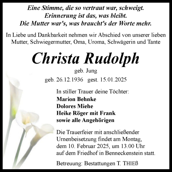Traueranzeige von Christa Rudolph von Volksstimme Wernigerode