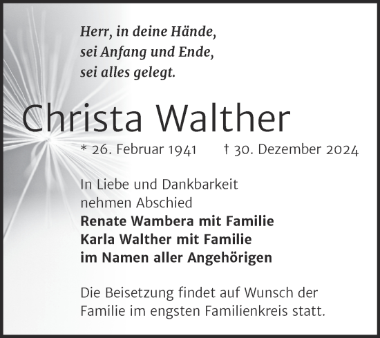 Traueranzeige von Christa Walther von Super Sonntag Naumburg/Nebra