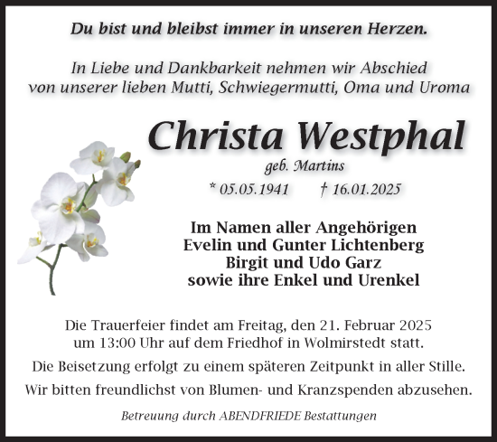 Traueranzeige von Christa Westphal von Volksstimme Haldensleben/Wolmirstedt