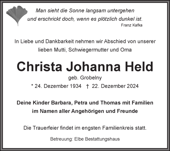 Traueranzeige von Christa Johanna Held von Volksstimme Magdeburg