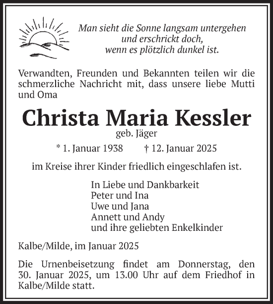 Traueranzeige von Christa Maria Kessler von Volksstimme Altmark West