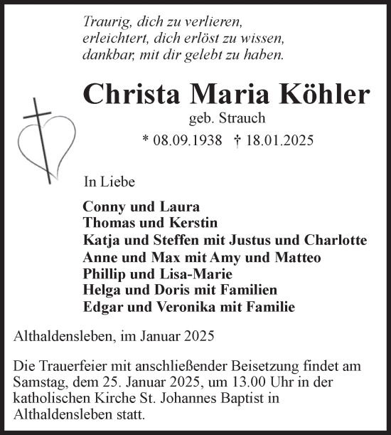 Traueranzeige von Christa Maria Köhler von Volksstimme Haldensleben/Wolmirstedt