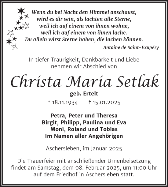 Traueranzeige von Christa Maria Setlak von Trauerkombi Aschersleben
