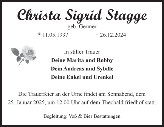 Traueranzeige von Christa Sigrid Stagge von Volksstimme Wernigerode