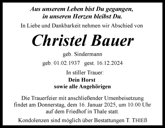 Traueranzeige von Christel Bauer von Super Sonntag Quedlingburg