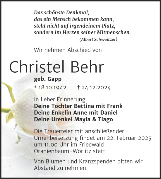 Traueranzeige von Christel Behr von Trauerkombi Bitterfeld
