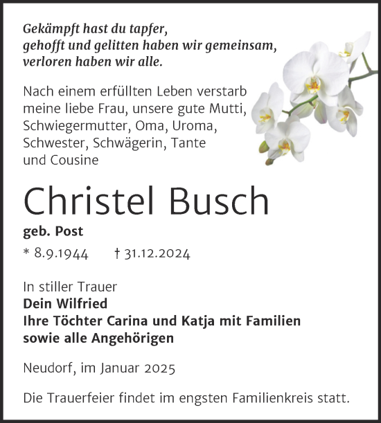 Traueranzeige von Christel Busch von Trauerkombi Quedlinburg