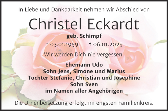 Traueranzeige von Christel Eckardt von Trauerkombi Bernburg
