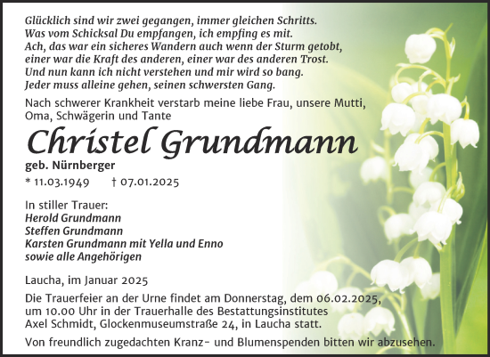 Traueranzeige von Christel Grundmann von Naumburger Tageblatt