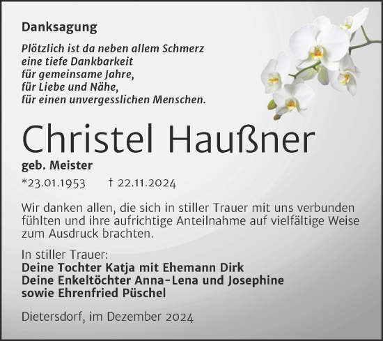 Traueranzeige von Christel Haußner von Trauerkombi Sangerhausen