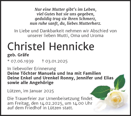 Traueranzeige von Christel Hennicke von Trauerkombi Weißenfels
