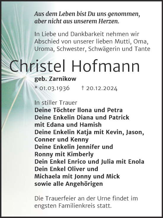 Traueranzeige von Christel Hofmann von Trauerkombi Wittenberg