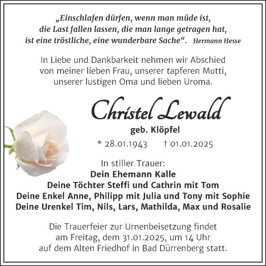 Traueranzeige von Christel Lewald von Trauerkombi Merseburg
