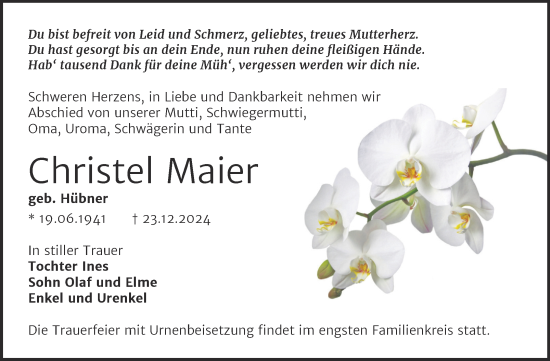 Traueranzeige von Christel Maier von Trauerkombi Bernburg