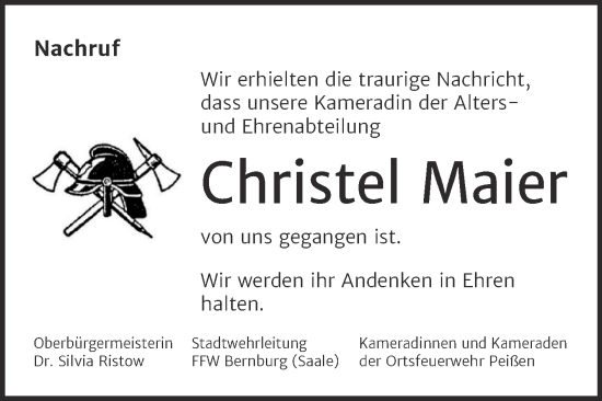 Traueranzeige von Christel Maier von Super Sonntag Bernburg