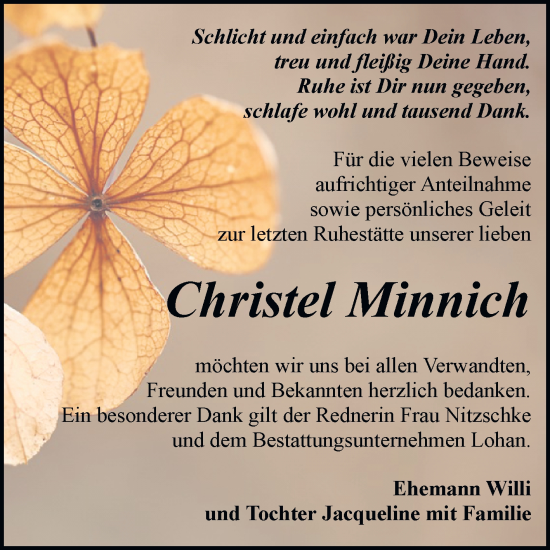Traueranzeige von Christel Minnich von Trauerkombi Bitterfeld