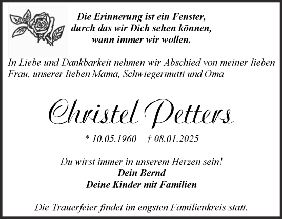 Traueranzeige von Christel Petters von Super Sonntag Wittenberg