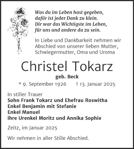 Traueranzeige von Christel Tokarz von Trauerkombi Zeitz