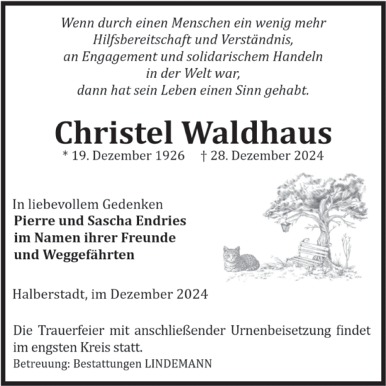Traueranzeige von Christel Waldhaus von Volksstimme Halberstadt