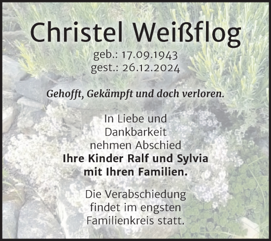 Traueranzeige von Christel Weißflog von Naumburger Tageblatt