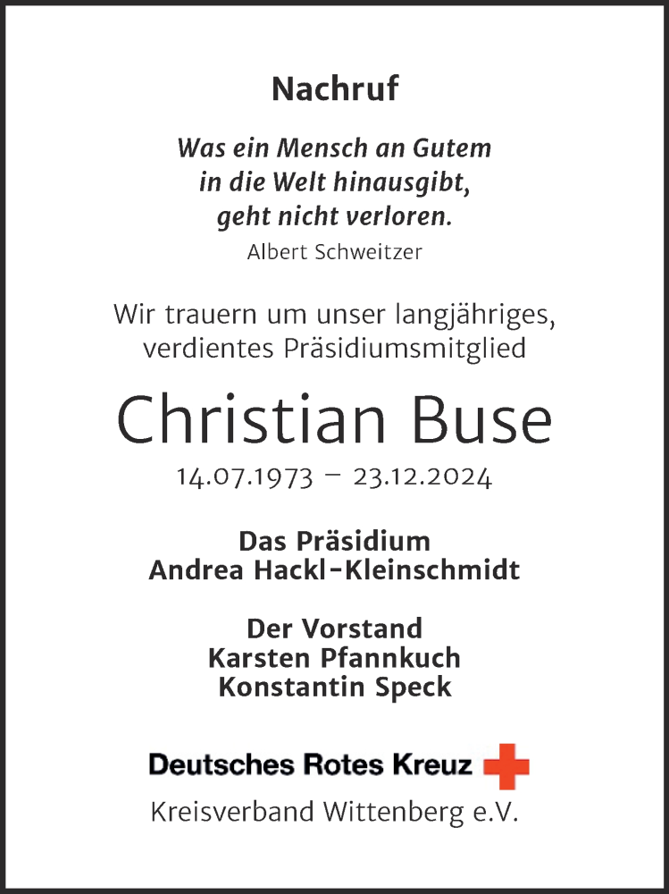  Traueranzeige für Christian Buse vom 11.01.2025 aus 