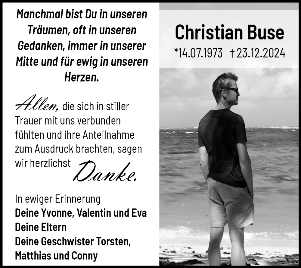  Traueranzeige für Christian Buse vom 25.01.2025 aus Trauerkombi Wittenberg
