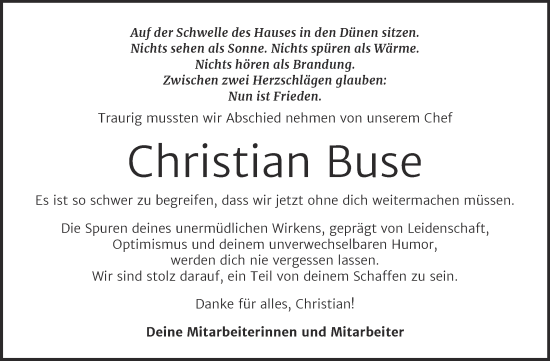 Traueranzeige von Christian Buse von Trauerkombi Wittenberg