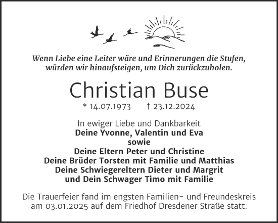 Traueranzeige von Christian Buse von Trauerkombi Wittenberg