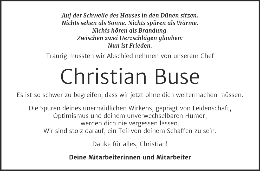  Traueranzeige für Christian Buse vom 11.01.2025 aus Trauerkombi Wittenberg
