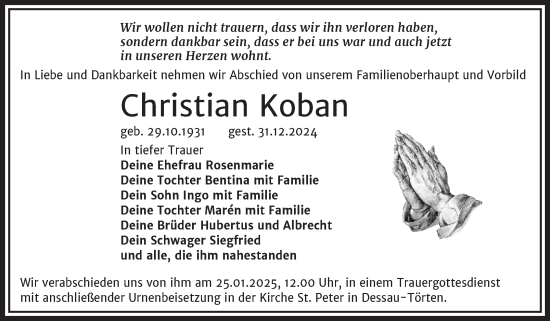 Traueranzeige von Christian Koban von Trauerkombi Dessau