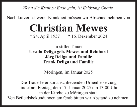 Traueranzeige von Christian Mewes von Volksstimme Altmark Ost