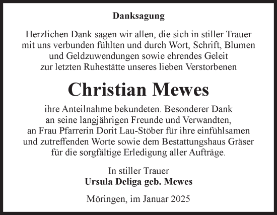 Traueranzeige von Christian Mewes von Volksstimme Altmark Ost