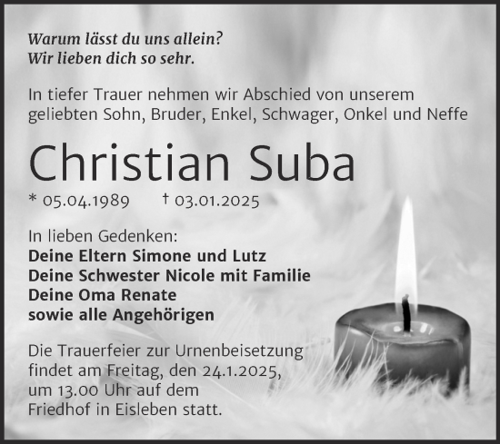 Traueranzeige von Christian Suba von Trauerkombi Mansfelder Land