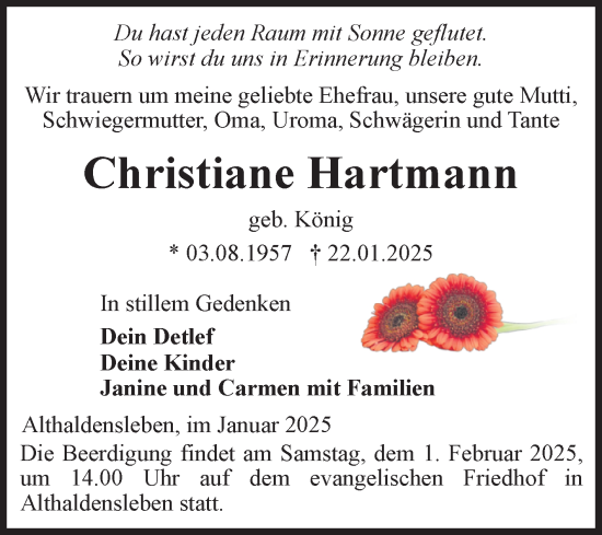 Traueranzeige von Christiane Hartmann von Volksstimme Haldensleben/Wolmirstedt