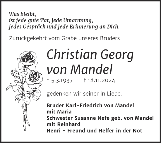 Traueranzeige von Christian Georg von Mandel von Trauerkombi Dessau