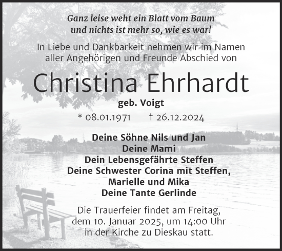 Traueranzeige von Christina Ehrhardt von Mitteldeutsche Zeitung Halle/Saalkreis