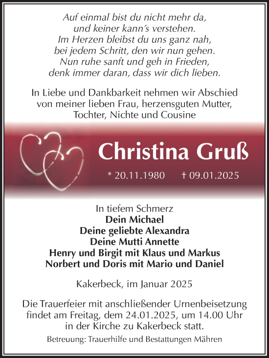 Traueranzeige von Christina Gruß von Volksstimme Altmark West