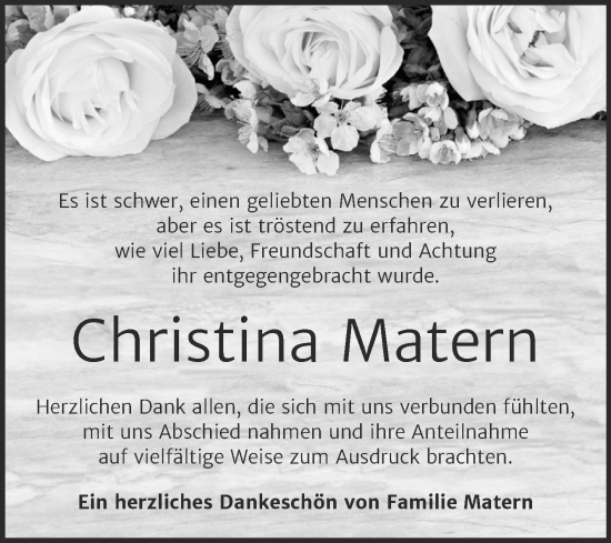 Traueranzeige von Christina Matern von Trauerkombi Sangerhausen