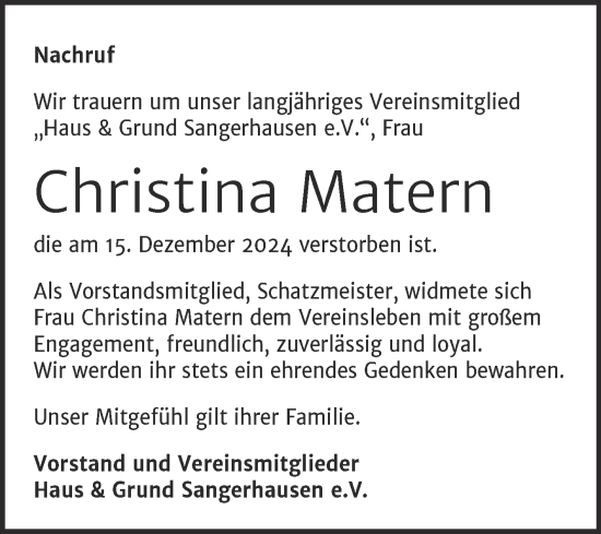 Traueranzeige von Christina Matern von Super Sonntag Sangerhausen