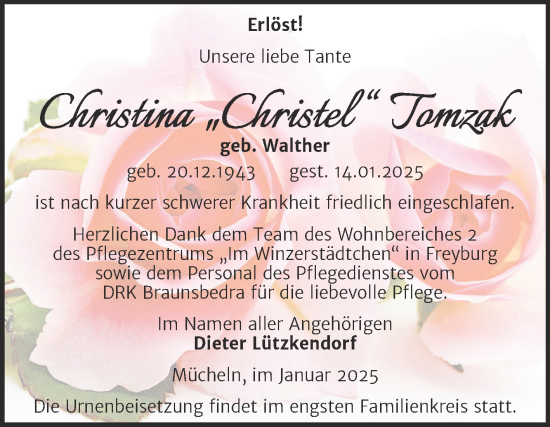 Traueranzeige von Christina Tomzak von Trauerkombi Merseburg