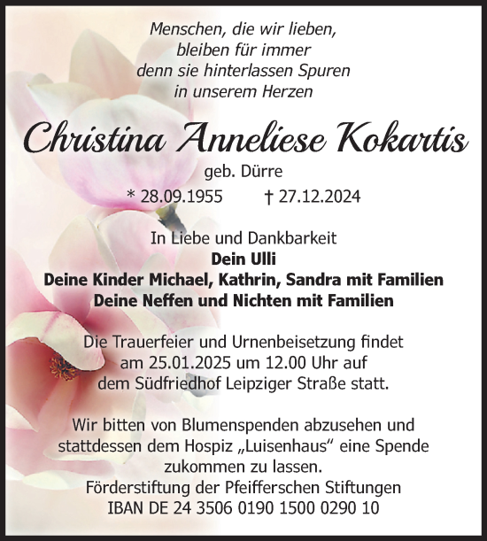 Traueranzeige von Christina Anneliese Kokartis von Volksstimme Magdeburg