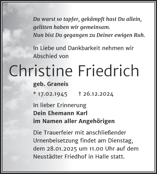 Traueranzeige von Christine Friedrich von Mitteldeutsche Zeitung Halle/Saalkreis