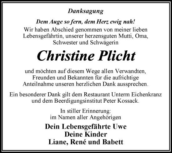 Traueranzeige von Christine Plicht von Trauerkombi Dessau