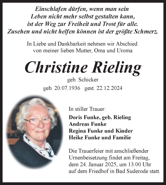 Traueranzeige von Christine Rieling von Trauerkombi Quedlinburg