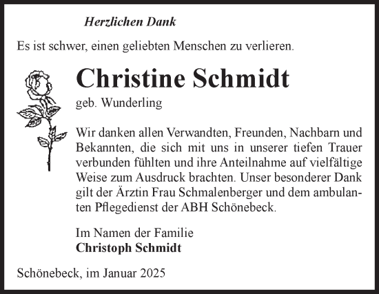 Traueranzeige von Christine Schmidt von Volksstimme Schönebeck