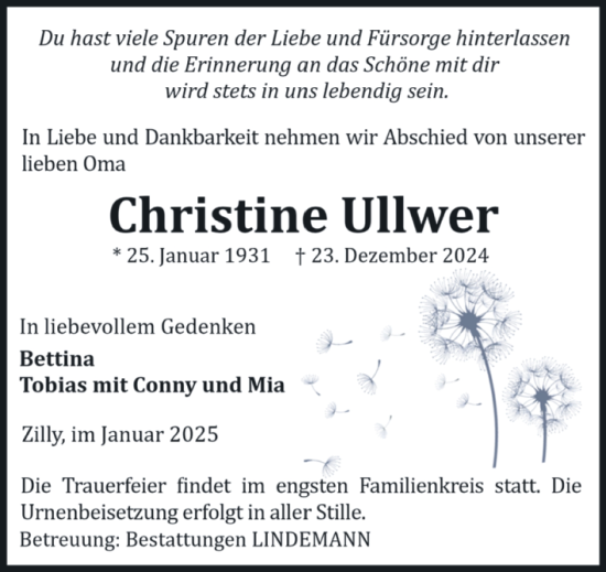 Traueranzeige von Christine Ullwer von Volksstimme Wernigerode