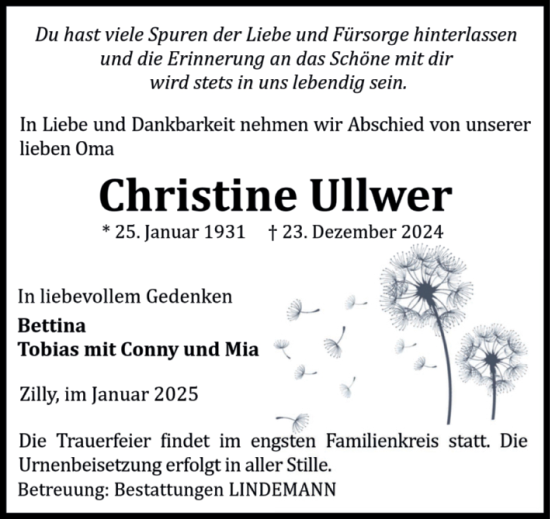 Traueranzeige von Christine Ullwer von Volksstimme Halberstadt