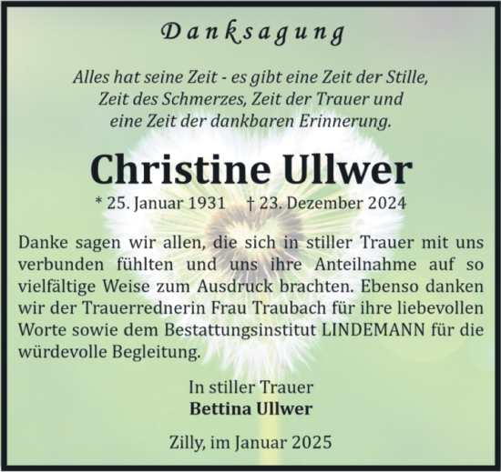 Traueranzeige von Christine Ullwer von Volksstimme Halberstadt