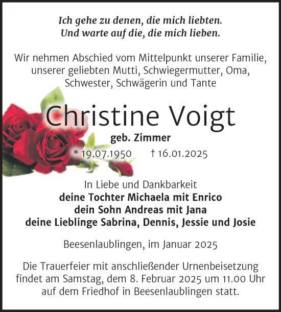 Traueranzeige von Christine Voigt von Trauerkombi Bernburg