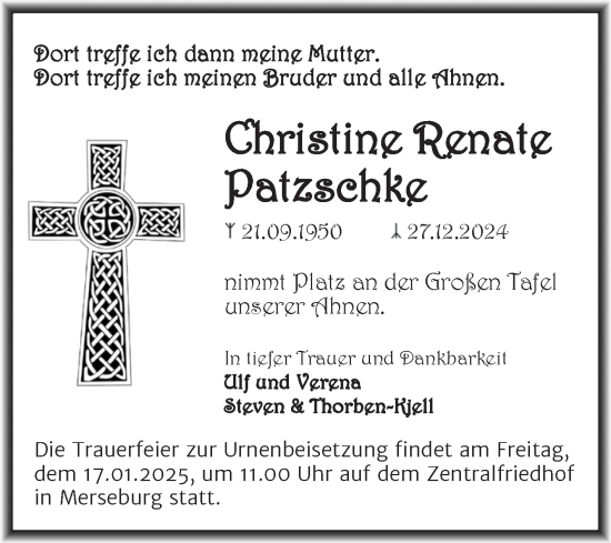 Traueranzeige von Christine Renate Patzschke von Trauerkombi Merseburg